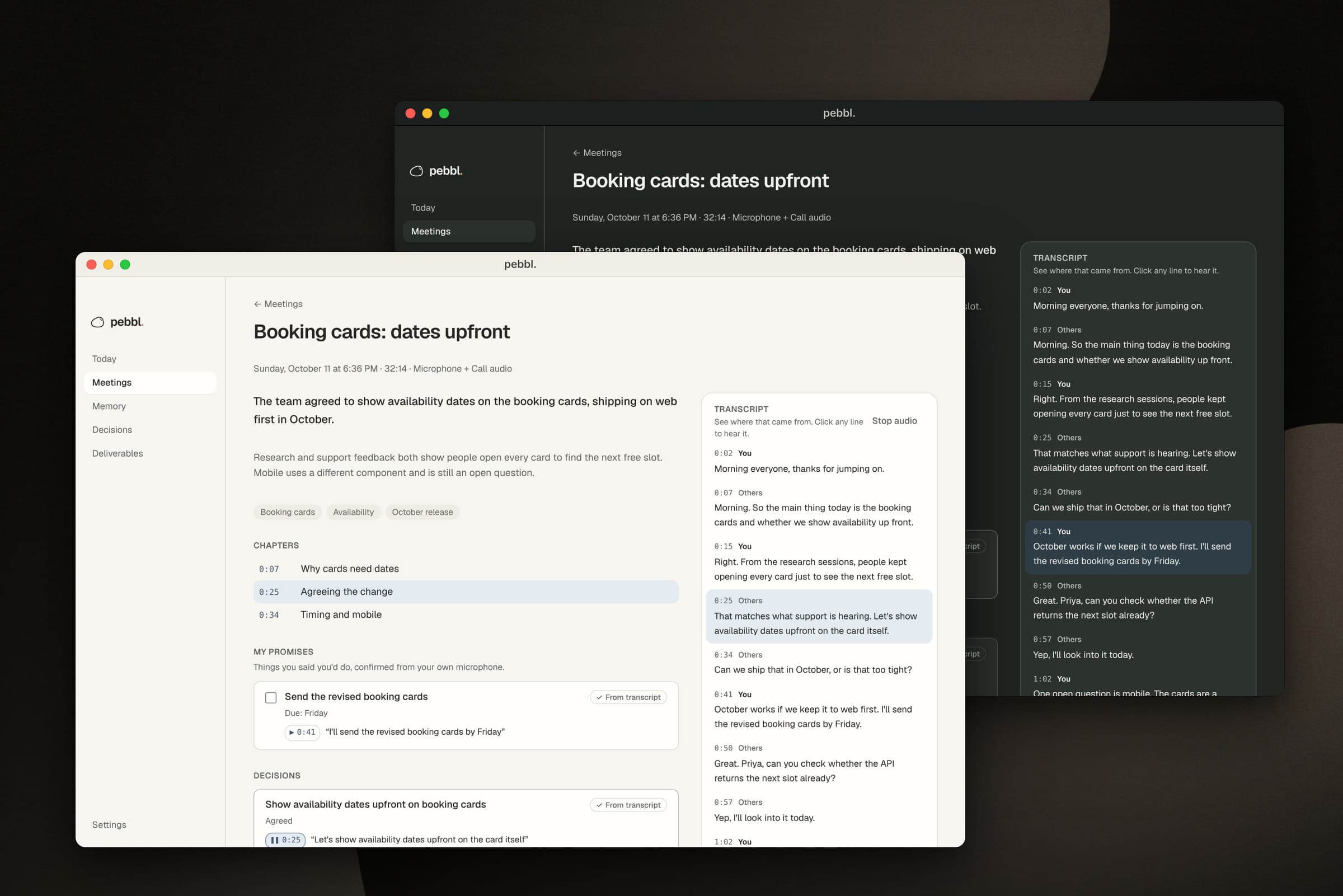 A meeting in pebbl., in light and dark mode