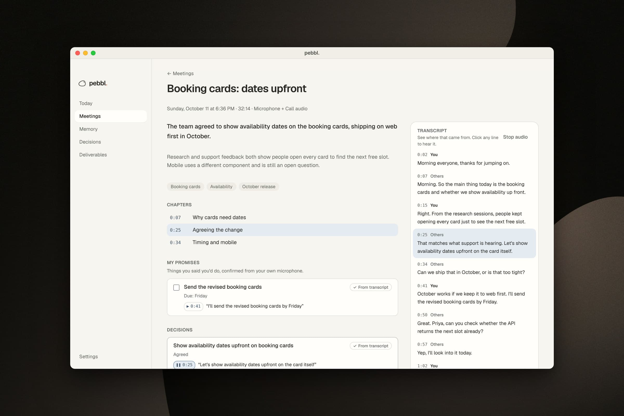 Meeting notes with a promise and a decision, each linked to a timestamp