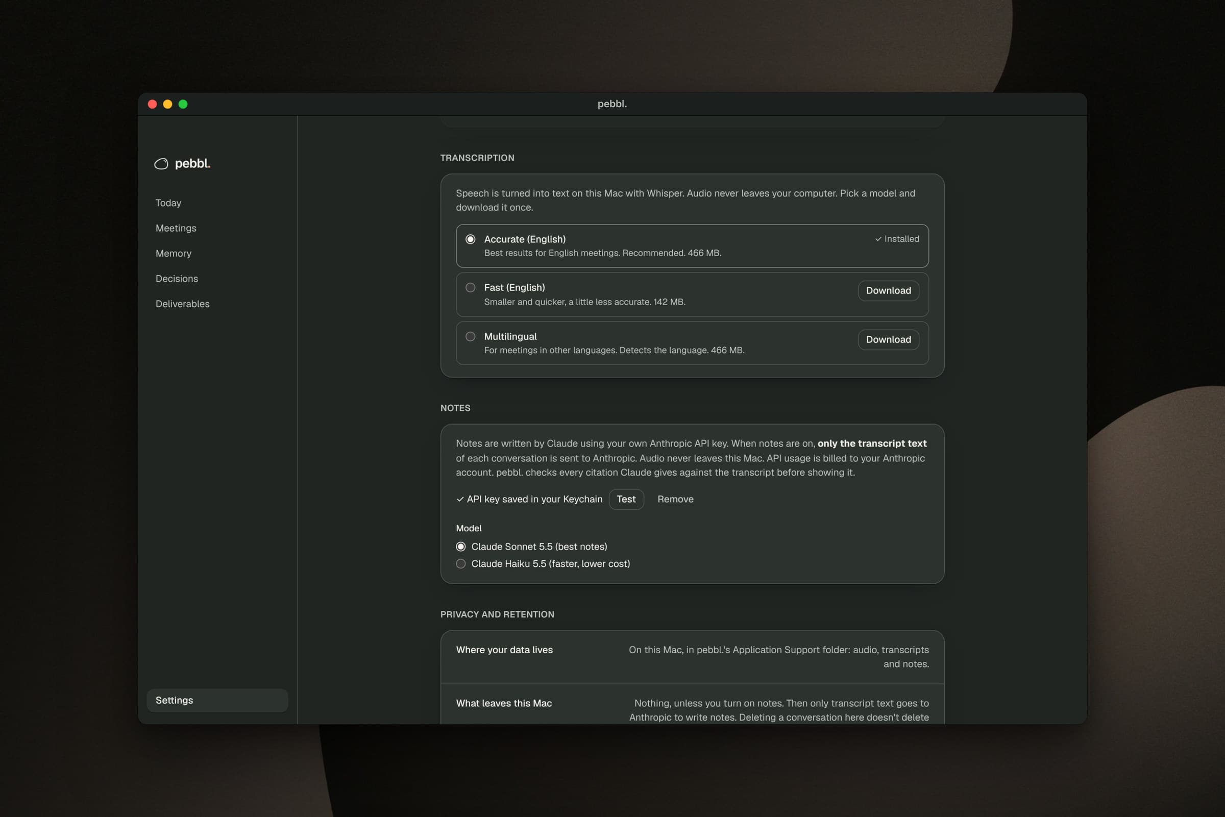 Settings for on-device transcription and notes