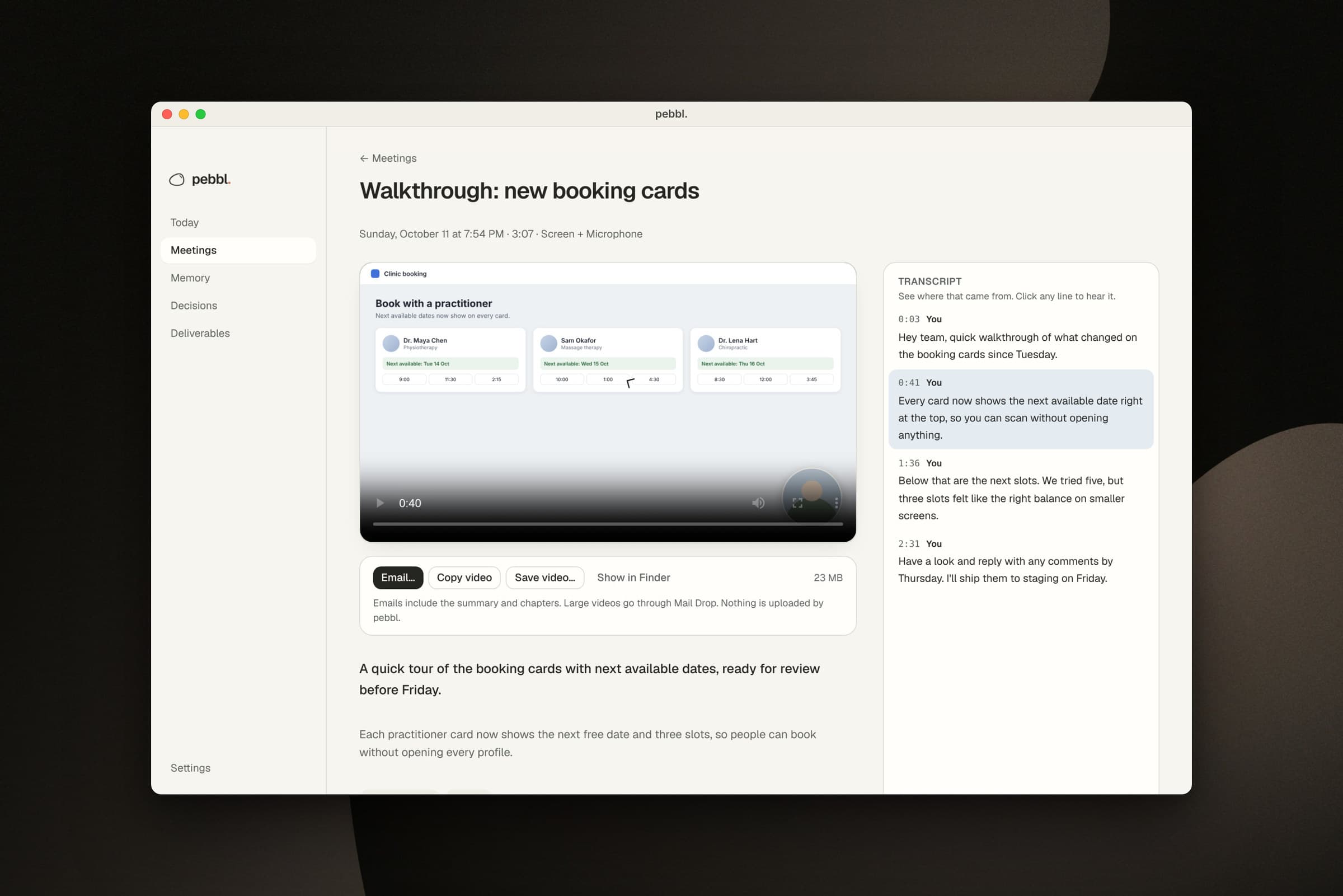 A screen recording walkthrough with sharing options