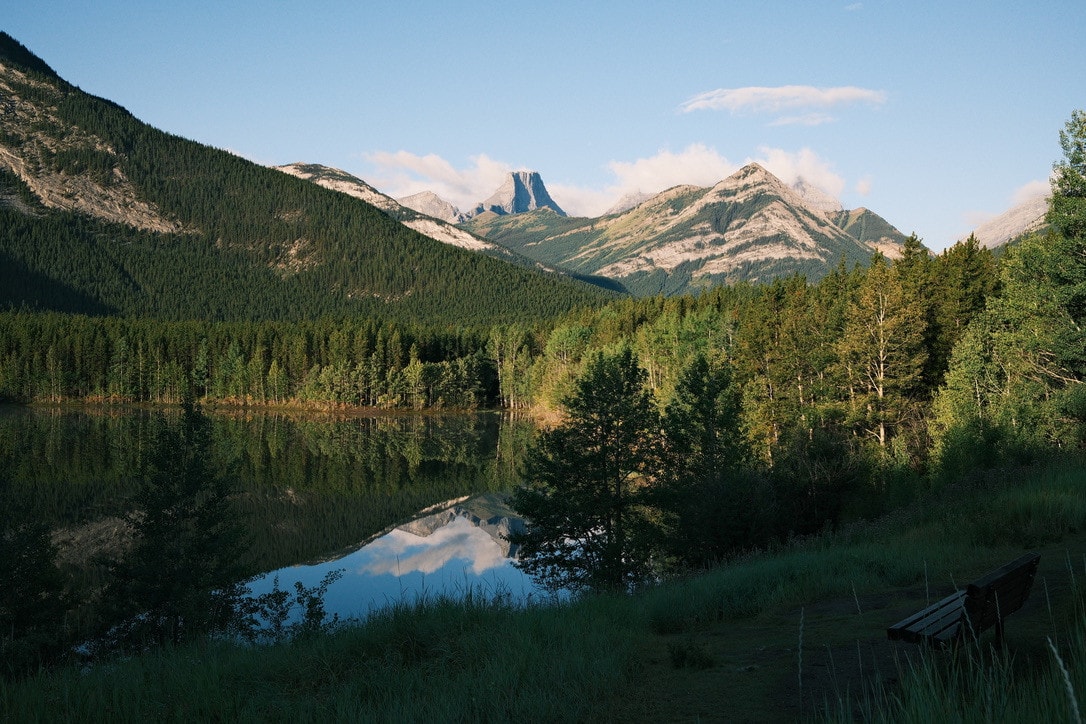 A quiet pond in evening light, pine forest and a sharp peak reflected in the water, an empty bench in the long grass.