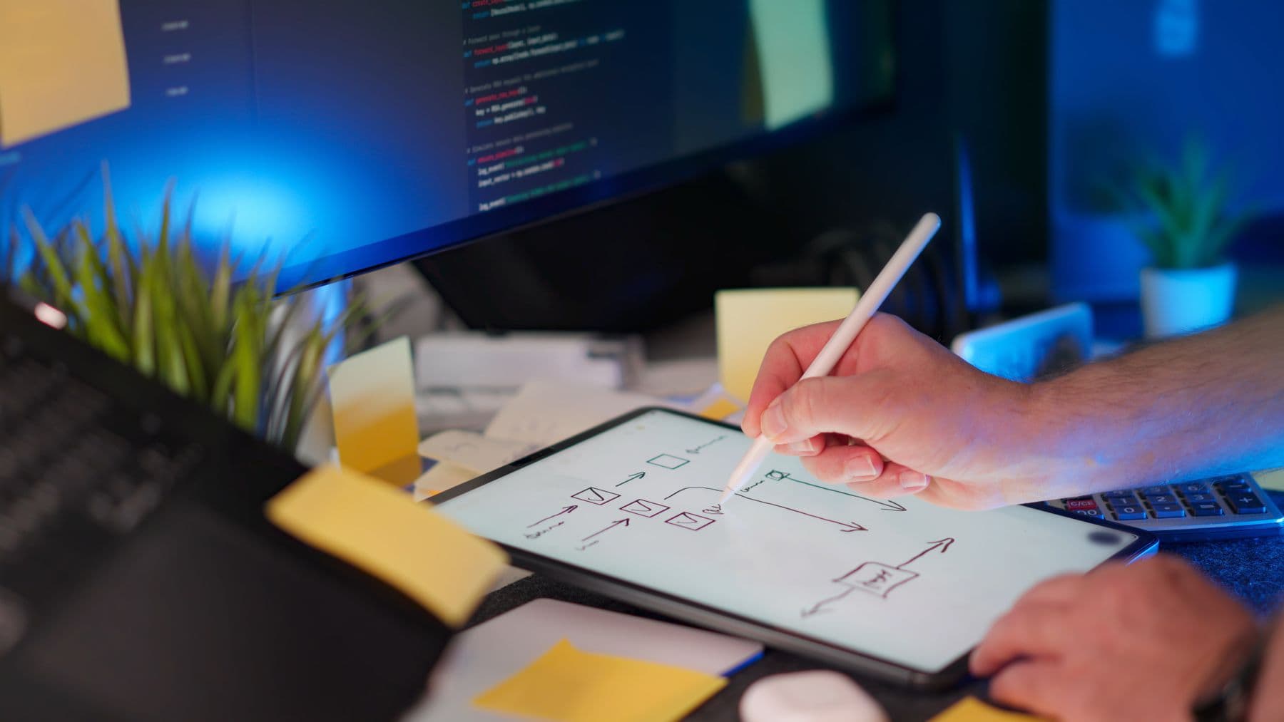 A tablet with an architecture diagram in front of a monitor of code.